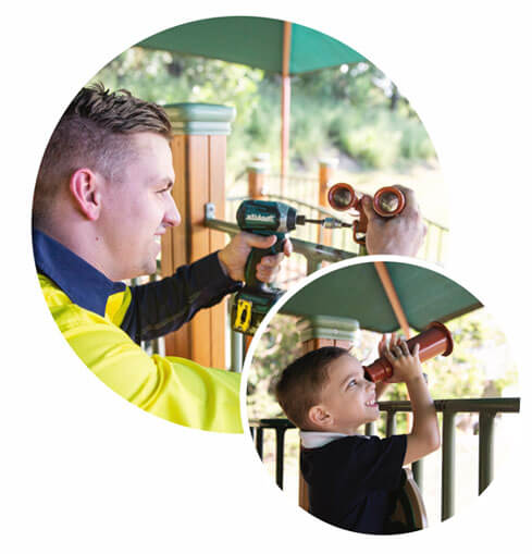 Play Force staff performing maintenance on playground binoculars